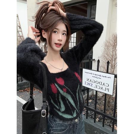 原创黑色甜酷风喇叭袖小众仿貂毛提花针织衫毛衣 服裝批發女裝批發服飾貨源