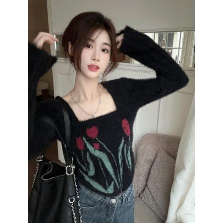 FA47066# 原创黑色甜酷风喇叭袖小众仿貂毛提花针织衫毛衣 服裝批發女裝批發服飾貨源