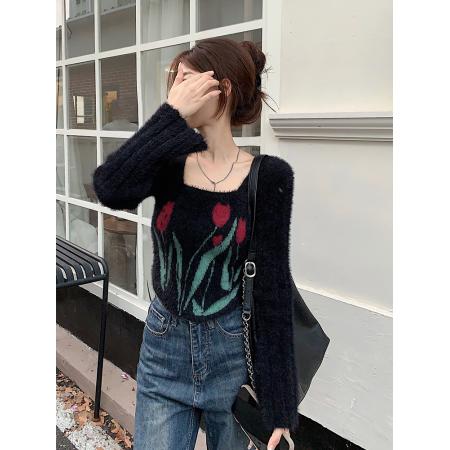 FA47066# 原创黑色甜酷风喇叭袖小众仿貂毛提花针织衫毛衣 服裝批發女裝批發服飾貨源