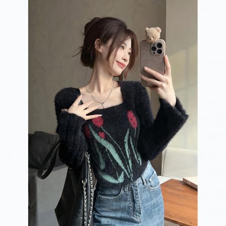 FA47066# 原创黑色甜酷风喇叭袖小众仿貂毛提花针织衫毛衣 服裝批發女裝批發服飾貨源