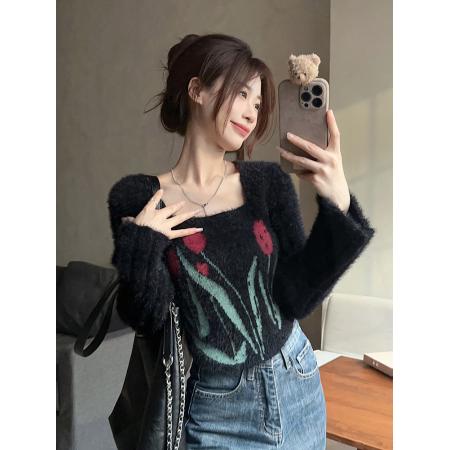 FA47066# 原创黑色甜酷风喇叭袖小众仿貂毛提花针织衫毛衣 服裝批發女裝批發服飾貨源