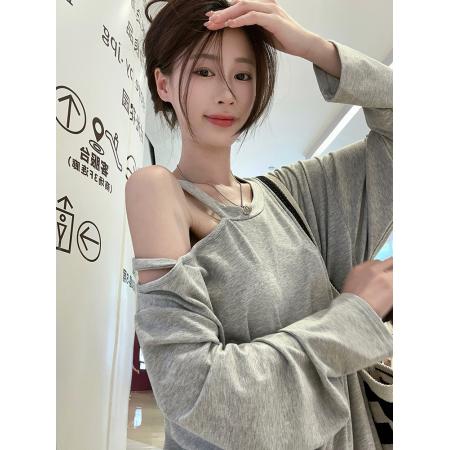 FA47067# 性感露肩T恤女设计感小众宽松oversize落肩袖长袖上衣 服裝批發女裝批發服飾貨源