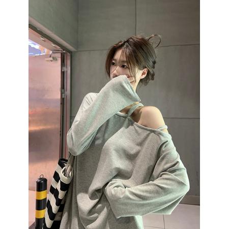 FA47067# 性感露肩T恤女设计感小众宽松oversize落肩袖长袖上衣 服裝批發女裝批發服飾貨源