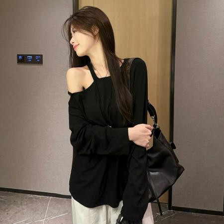 FA47067# 性感露肩T恤女设计感小众宽松oversize落肩袖长袖上衣 服裝批發女裝批發服飾貨源