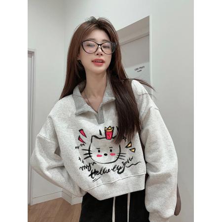 FA47068# 世博绒卫衣短款翻领加绒加厚卫衣女冬 服裝批發女裝批發服飾貨源