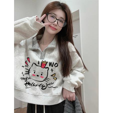 FA47068# 世博绒卫衣短款翻领加绒加厚卫衣女冬 服裝批發女裝批發服飾貨源