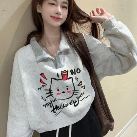 FA47068# 世博绒卫衣短款翻领加绒加厚卫衣女冬 服裝批發女裝批發服飾貨源