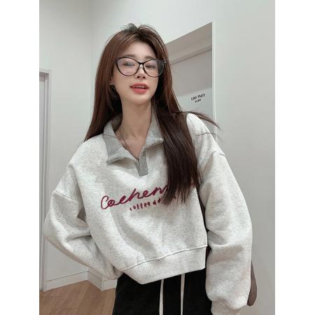 FA47069# 世博绒卫衣短款翻领加绒加厚卫衣女冬 服裝批發女裝批發服飾貨源