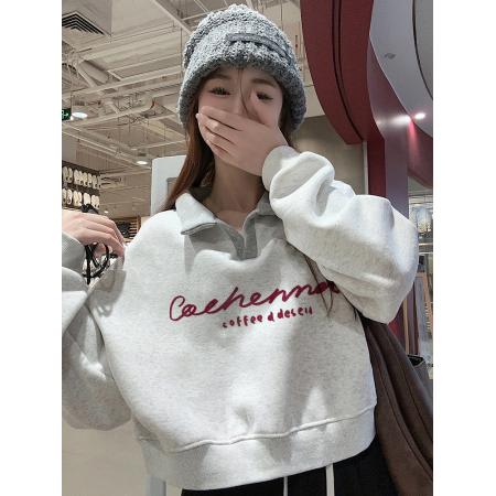 FA47069# 世博绒卫衣短款翻领加绒加厚卫衣女冬 服裝批發女裝批發服飾貨源