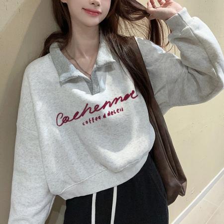 FA47069# 世博绒卫衣短款翻领加绒加厚卫衣女冬 服裝批發女裝批發服飾貨源