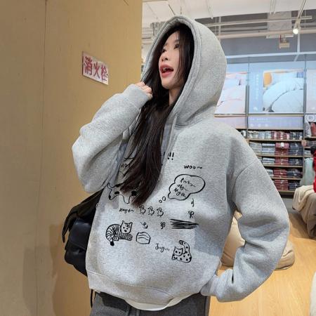 FA47070# 世博绒卫衣连帽加绒加厚卫衣女冬 服裝批發女裝批發服飾貨源