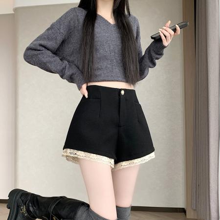 FA47071# 新款质感至上秋冬A版短裤蕾丝边修身显瘦百搭裤子 服裝批發女裝批發服飾貨源