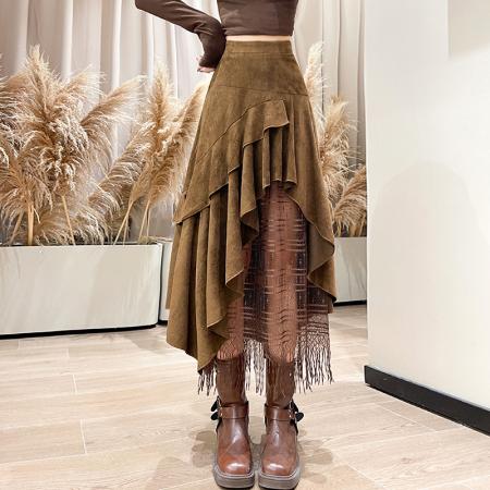 法式复古麂皮绒半身裙蕾丝拼接不规则A字裙高腰百搭拼接长裙 服裝批發女裝批發服飾貨源