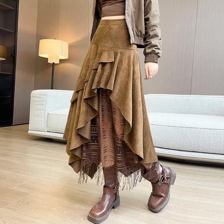 法式复古麂皮绒半身裙蕾丝拼接不规则A字裙高腰百搭拼接长裙 服裝批發女裝批發服飾貨源