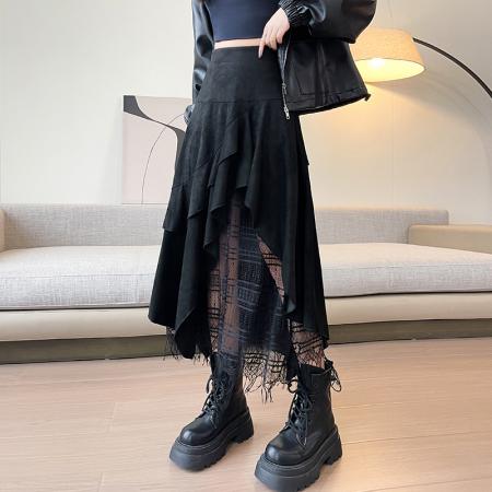 法式复古麂皮绒半身裙蕾丝拼接不规则A字裙高腰百搭拼接长裙 服裝批發女裝批發服飾貨源