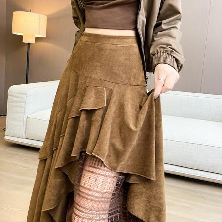 法式复古麂皮绒半身裙蕾丝拼接不规则A字裙高腰百搭拼接长裙 服裝批發女裝批發服飾貨源