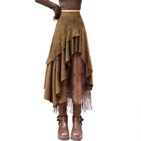 法式复古麂皮绒半身裙蕾丝拼接不规则A字裙高腰百搭拼接长裙 服裝批發女裝批發服飾貨源