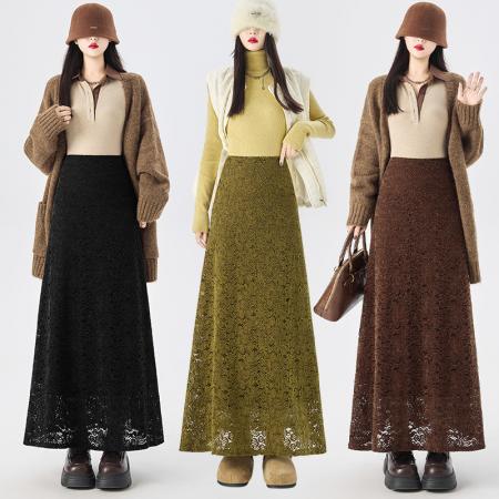秋冬显瘦百搭中长款半身裙植绒蕾丝花边加绒遮胯包臀裙韩 服裝批發女裝批發服飾貨源