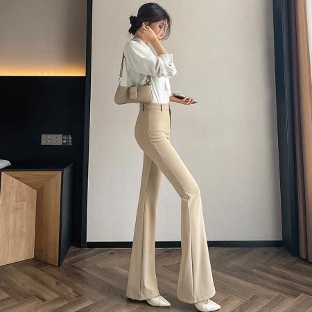 喇叭裤女春老钱卡其色高腰休闲西装裤修身显瘦弹力裤 服裝批發女裝批發服飾貨源