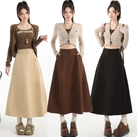 秋冬高腰遮胯显瘦中长洗水棉大摆伞裙半身气质通勤a字裙 服裝批發女裝批發服飾貨源