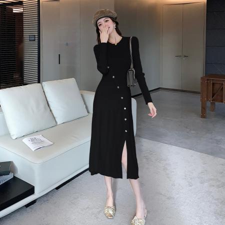 FA47076# 秋冬新款法式气质时尚圆领缕空弹力修身长袖针织连衣裙长裙潮 服裝批發女裝批發服飾貨源