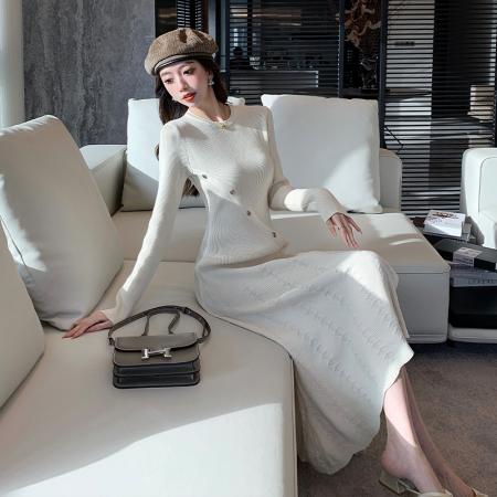 FA47076# 秋冬新款法式气质时尚圆领缕空弹力修身长袖针织连衣裙长裙潮 服裝批發女裝批發服飾貨源