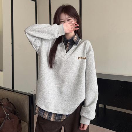 长袖t恤卫衣假两件新款格子刺绣花春秋季宽松POLO领韩版上衣 服裝批發女裝批發服飾貨源