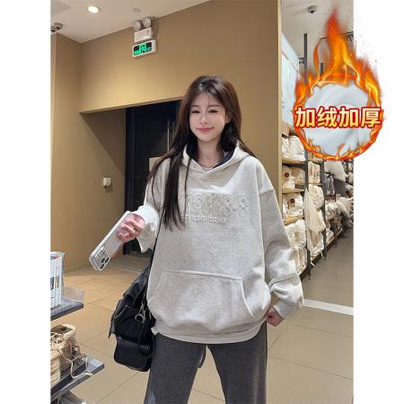 卫衣女秋冬加绒加厚新款中长宽松字母凹凸印连帽保暖上衣 服裝批發女裝批發服飾貨源