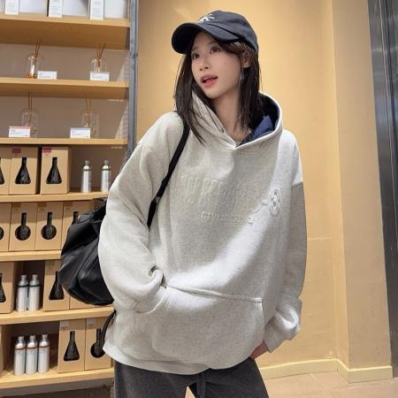 FA47079# 卫衣女秋冬加绒加厚新款中长宽松字母凹凸印连帽保暖上衣 服裝批發女裝批發服飾貨源