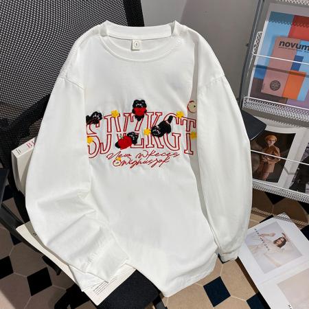 纯棉长袖t恤打底衫男女薄款潮秋刺绣花中长宽松圆领上衣 服裝批發女裝批發服飾貨源