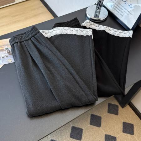 糯米绒阔腿裤女秋冬新款高腰显瘦蕾丝花边小个子休闲裤 服裝批發女裝批發服飾貨源