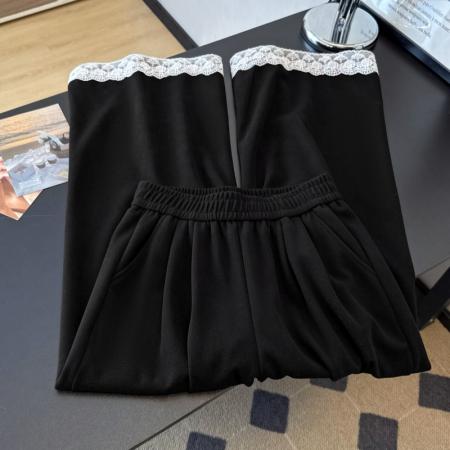 糯米绒阔腿裤女秋冬新款高腰显瘦蕾丝花边小个子休闲裤 服裝批發女裝批發服飾貨源