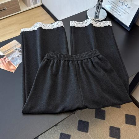 糯米绒阔腿裤女秋冬新款高腰显瘦蕾丝花边小个子休闲裤 服裝批發女裝批發服飾貨源