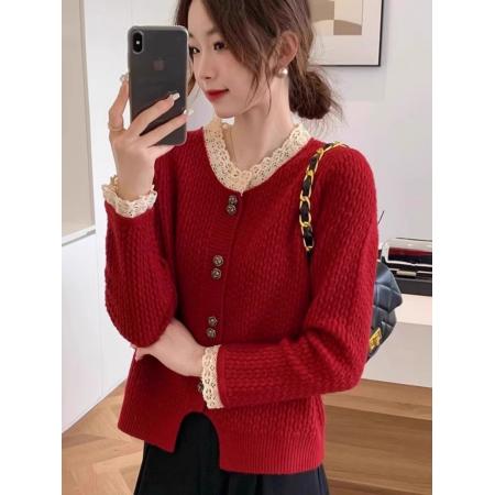 FA47083# 欧式新款红色开衫女蕾丝边短款针织衫毛衣秋冬慵懒风加厚内搭上衣 服裝批發女裝批發服飾貨源
