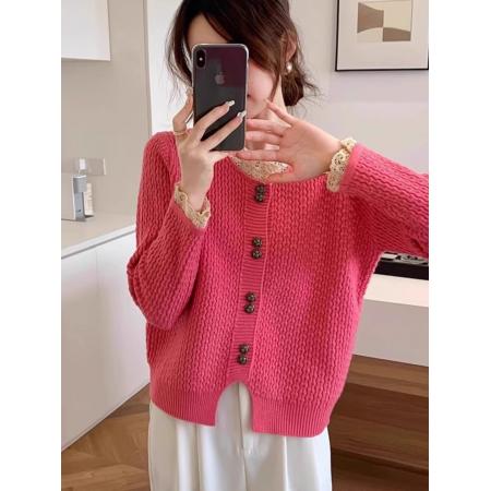 FA47083# 欧式新款红色开衫女蕾丝边短款针织衫毛衣秋冬慵懒风加厚内搭上衣 服裝批發女裝批發服飾貨源