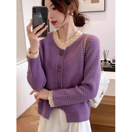 FA47083# 欧式新款红色开衫女蕾丝边短款针织衫毛衣秋冬慵懒风加厚内搭上衣 服裝批發女裝批發服飾貨源