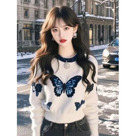 白色蝴蝶印花毛衣女秋冬羊毛高级设计感针织衫独特超好看上衣 服裝批發女裝批發服飾貨源