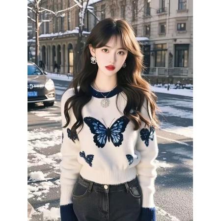 FA47084# 白色蝴蝶印花毛衣女秋冬羊毛高级设计感针织衫独特超好看上衣 服裝批發女裝批發服飾貨源