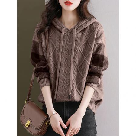 FA47085# 新款春秋冬连帽针织衫卫衣女高级感气质宽松显瘦外穿带帽毛衣 服裝批發女裝批發服飾貨源