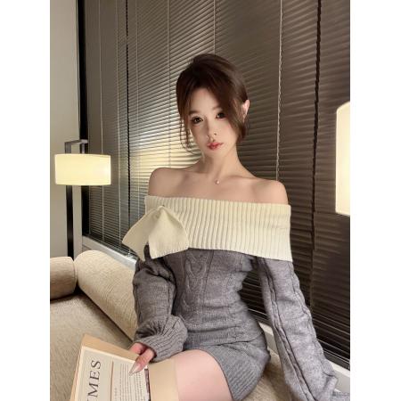 一字肩包臀裙女秋冬显瘦收腰蝴蝶结韩系纯欲针织连衣裙 服裝批發女裝批發服飾貨源
