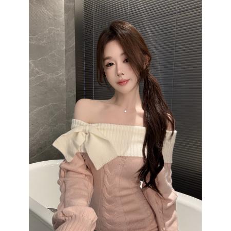 FA47090# 一字肩包臀裙女秋冬显瘦收腰蝴蝶结韩系纯欲针织连衣裙 服裝批發女裝批發服飾貨源