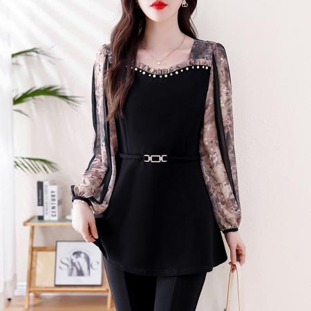 FA47091# 春雪纺拼接轻奢高档订珠休闲气质时髦宽松显瘦百搭衬衫上衣潮 服裝批發女裝批發服飾貨源