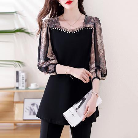 FA47091# 春雪纺拼接轻奢高档订珠休闲气质时髦宽松显瘦百搭衬衫上衣潮 服裝批發女裝批發服飾貨源