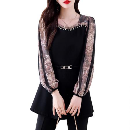 FA47091# 春雪纺拼接轻奢高档订珠休闲气质时髦宽松显瘦百搭衬衫上衣潮 服裝批發女裝批發服飾貨源