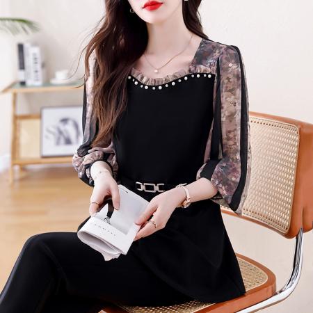 FA47091# 春雪纺拼接轻奢高档订珠休闲气质时髦宽松显瘦百搭衬衫上衣潮 服裝批發女裝批發服飾貨源