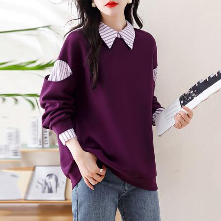 FA47092# 紫色拼接假两件卫衣女春秋装新款欧会宽松大码设计感洋气上衣 服裝批發女裝批發服飾貨源