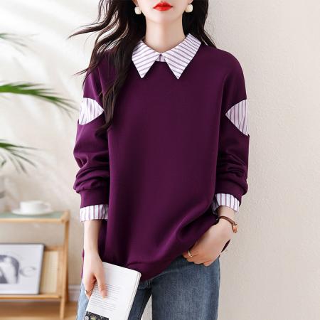 FA47092# 紫色拼接假两件卫衣女春秋装新款欧会宽松大码设计感洋气上衣 服裝批發女裝批發服飾貨源