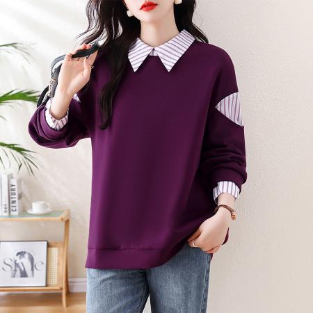 FA47092# 紫色拼接假两件卫衣女春秋装新款欧会宽松大码设计感洋气上衣 服裝批發女裝批發服飾貨源