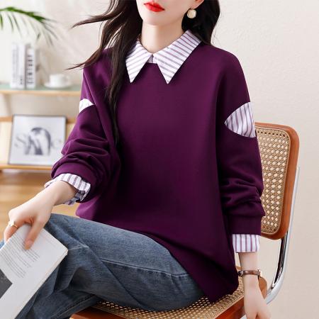 FA47092# 紫色拼接假两件卫衣女春秋装新款欧会宽松大码设计感洋气上衣 服裝批發女裝批發服飾貨源