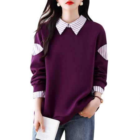 FA47092# 紫色拼接假两件卫衣女春秋装新款欧会宽松大码设计感洋气上衣 服裝批發女裝批發服飾貨源